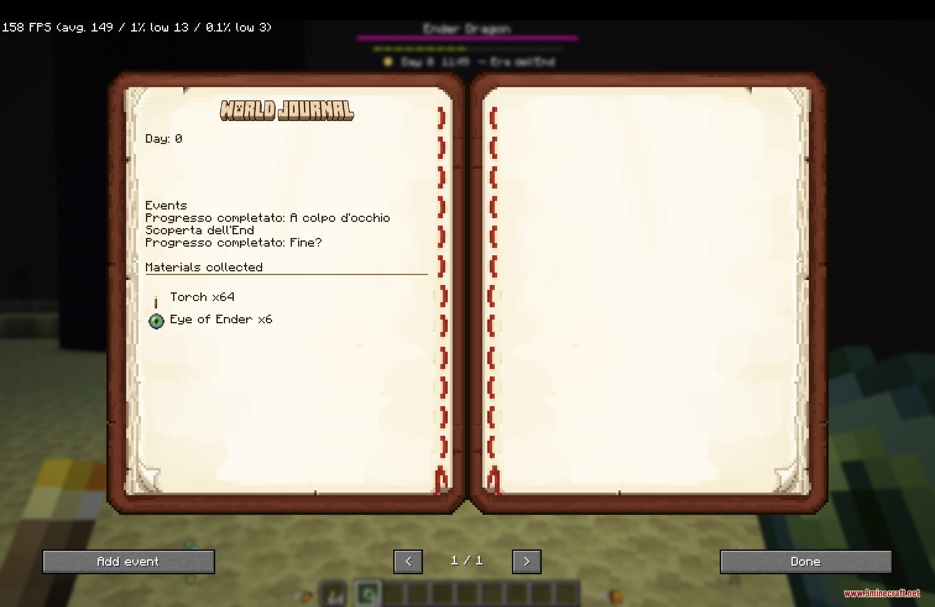 Horizon XP Tracker Mod Screenshot 6 An open world journal showing collected items and progress within the End dimension