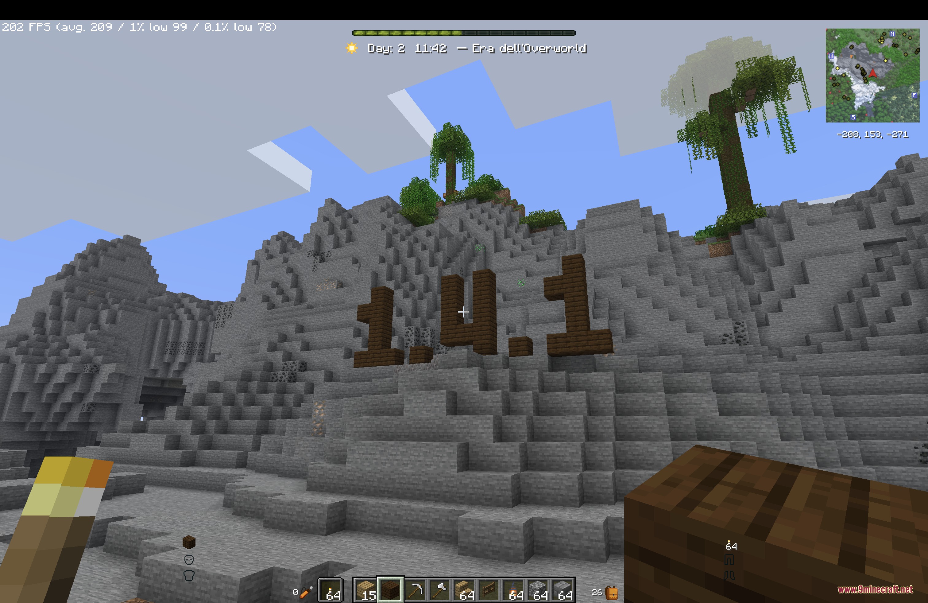 Horizon XP Tracker Mod Screenshot 7 Minecraft mountain with dark wood numbers and a custom day counter overlay