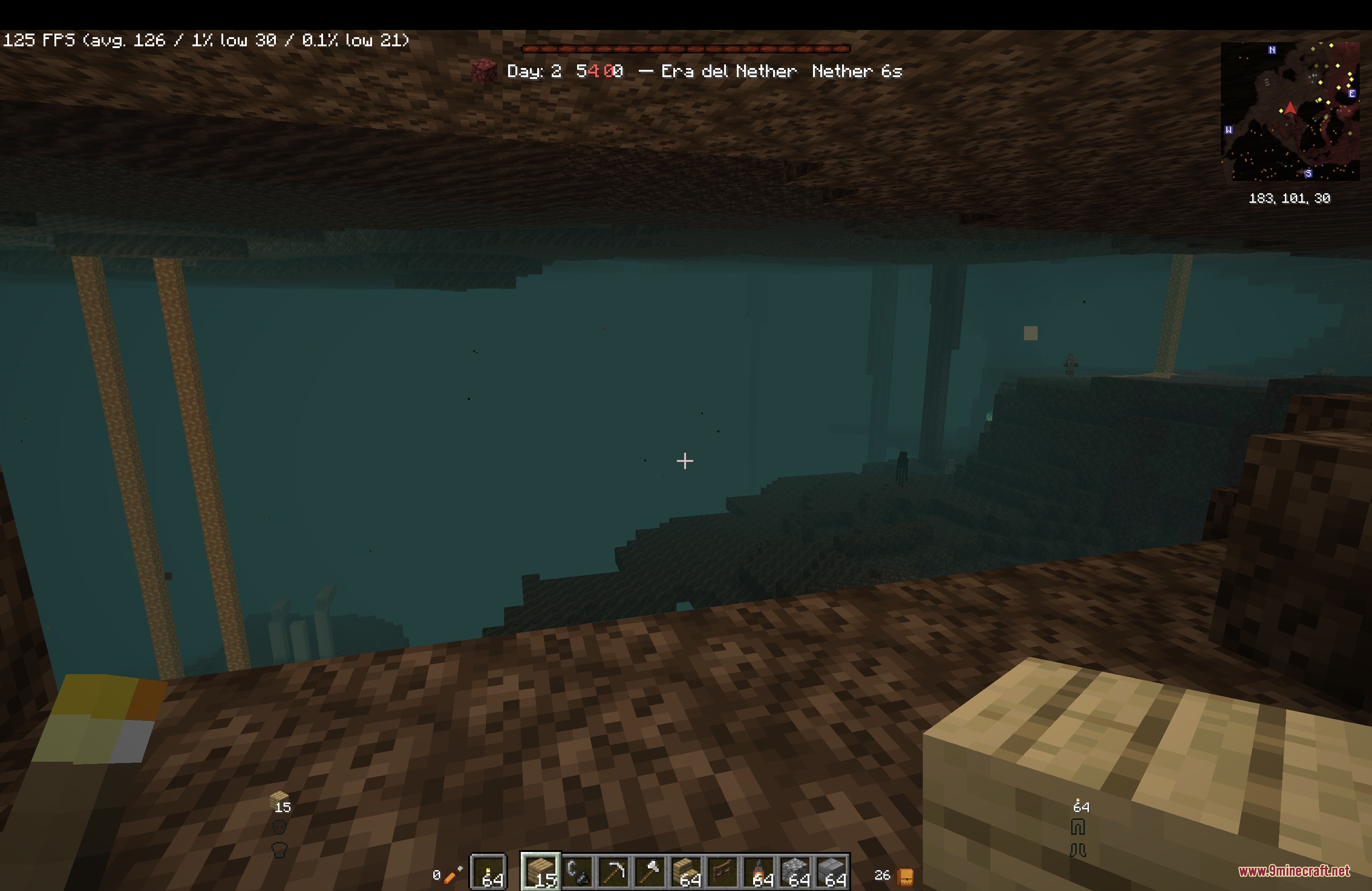 Horizon XP Tracker Mod Screenshot 8 The Nether dimension with a red progress bar and survival time tracker overlay