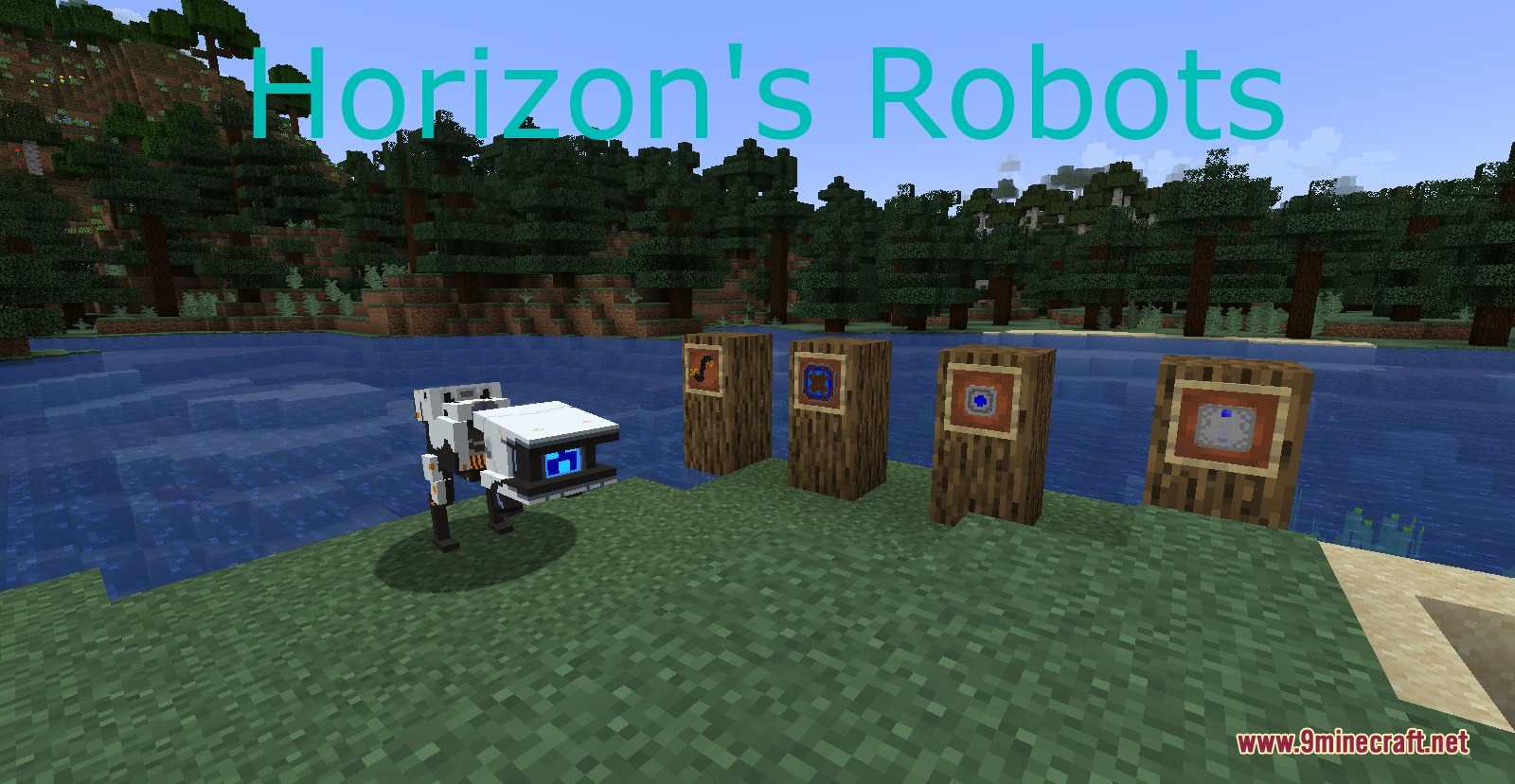 Horizons Robots mod features a white mechanical creature standing on a grassy riverbank
