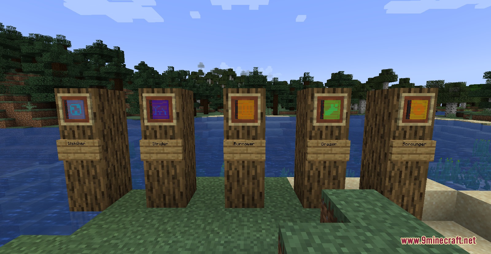 Five wooden pillars displaying robot icons and signs labeling different mechanical creatures