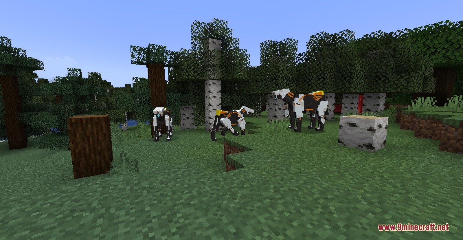 A group of horse like robots wandering through a birch forest biome