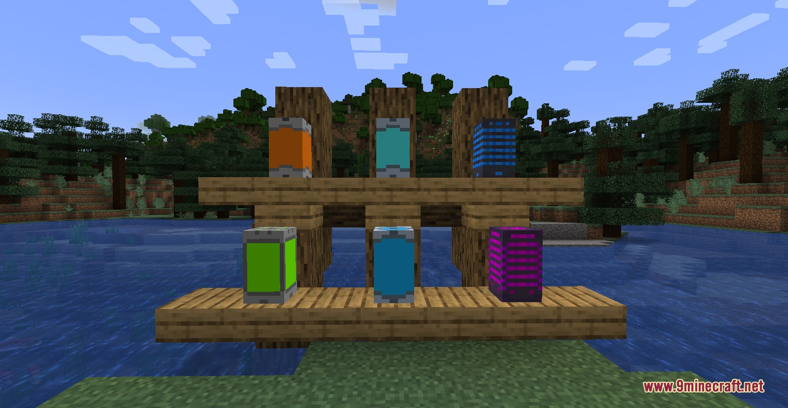 Various elemental canisters displayed on wooden shelves in a Minecraft world