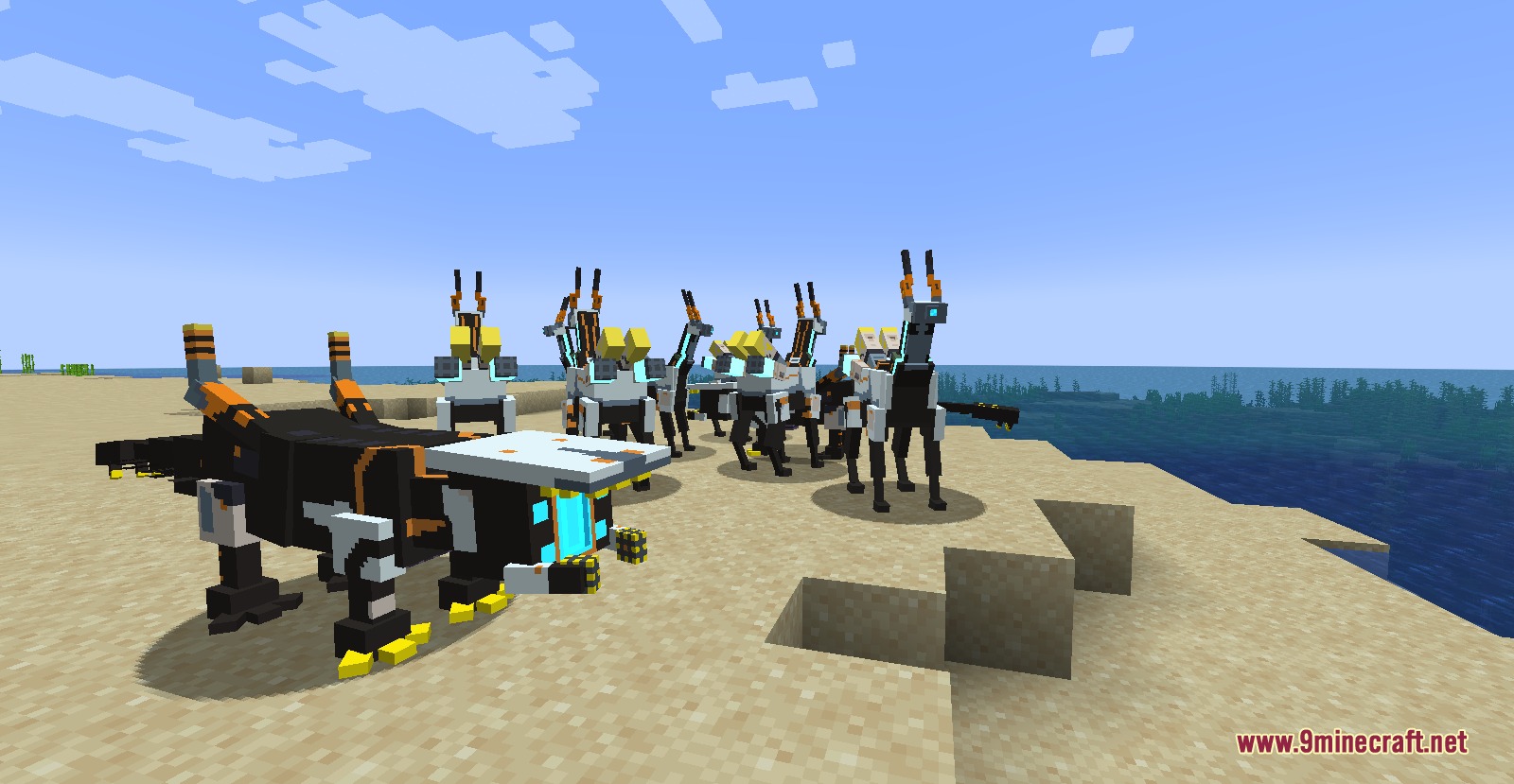 Mechanical Watchers and Striders roaming around a sandy beach in Minecraft