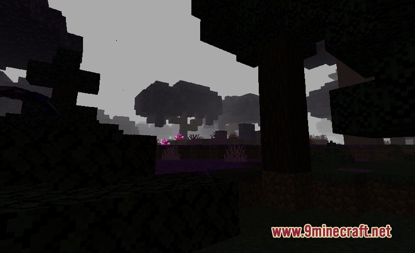 A dark corrupted alien realm with purple ground and pink crystals
