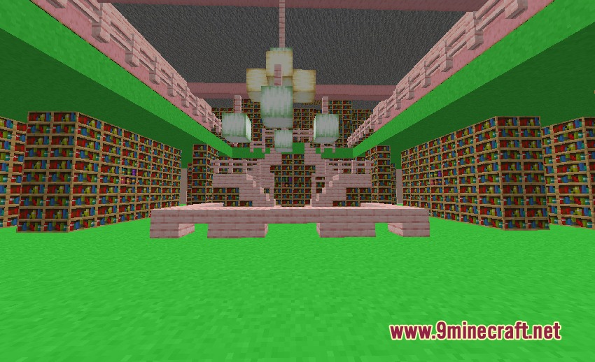 A library interior featuring green walls and pink wooden staircases