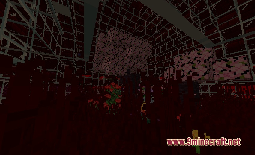 A dark alien dimension filled with red flowers and pink leaf blocks