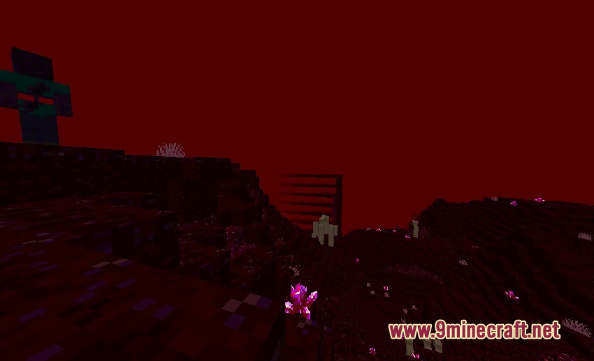 Purple crystals and skeletal remains scattered across a dark red alien dimension