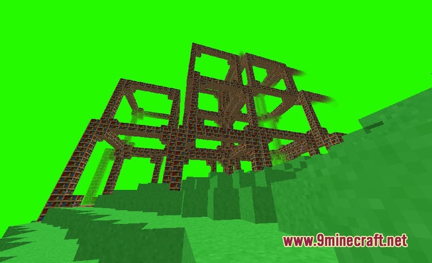 Massive bookshelf structures towering over a vibrant green landscape in another dimension