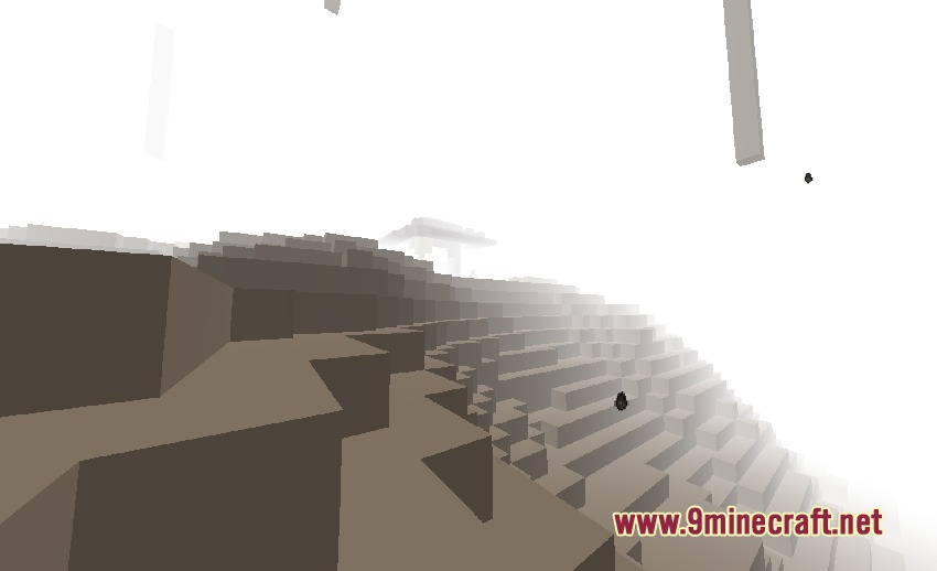 A foggy alien dimension with floating pillars and a distant mushroom structure