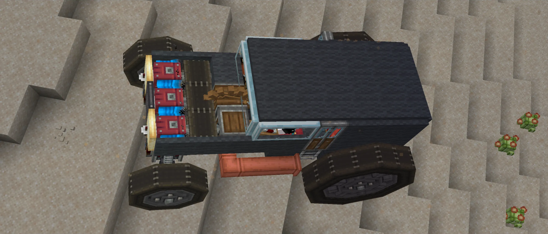 Hot Rod Schematic Screenshots 1 Overhead view of a mechanical vehicle with three engines and large wheels