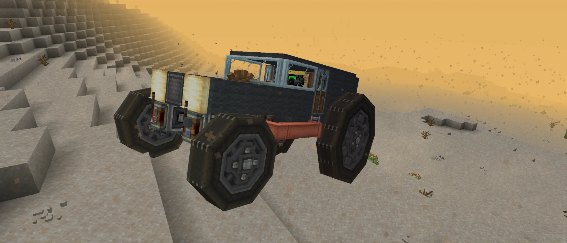 Hot Rod Schematic Screenshots 2 A black custom vehicle with large wheels parked on a desert slope
