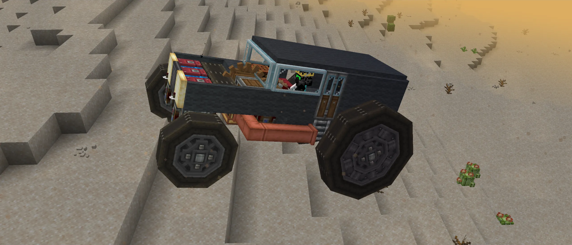 Hot Rod Schematic Screenshots 3 Side profile of a black hot rod with large wheels in the desert