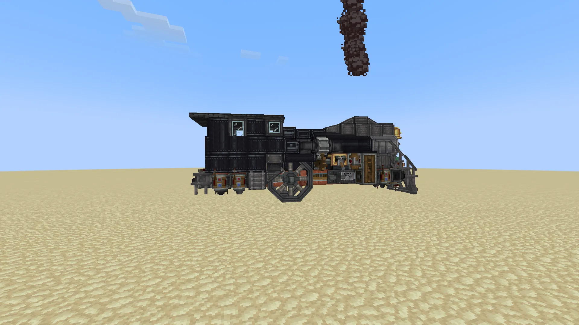 Hover Train Schematic Screenshots 1 A black Hover Train Schematic floating over a vast desert in Minecraft