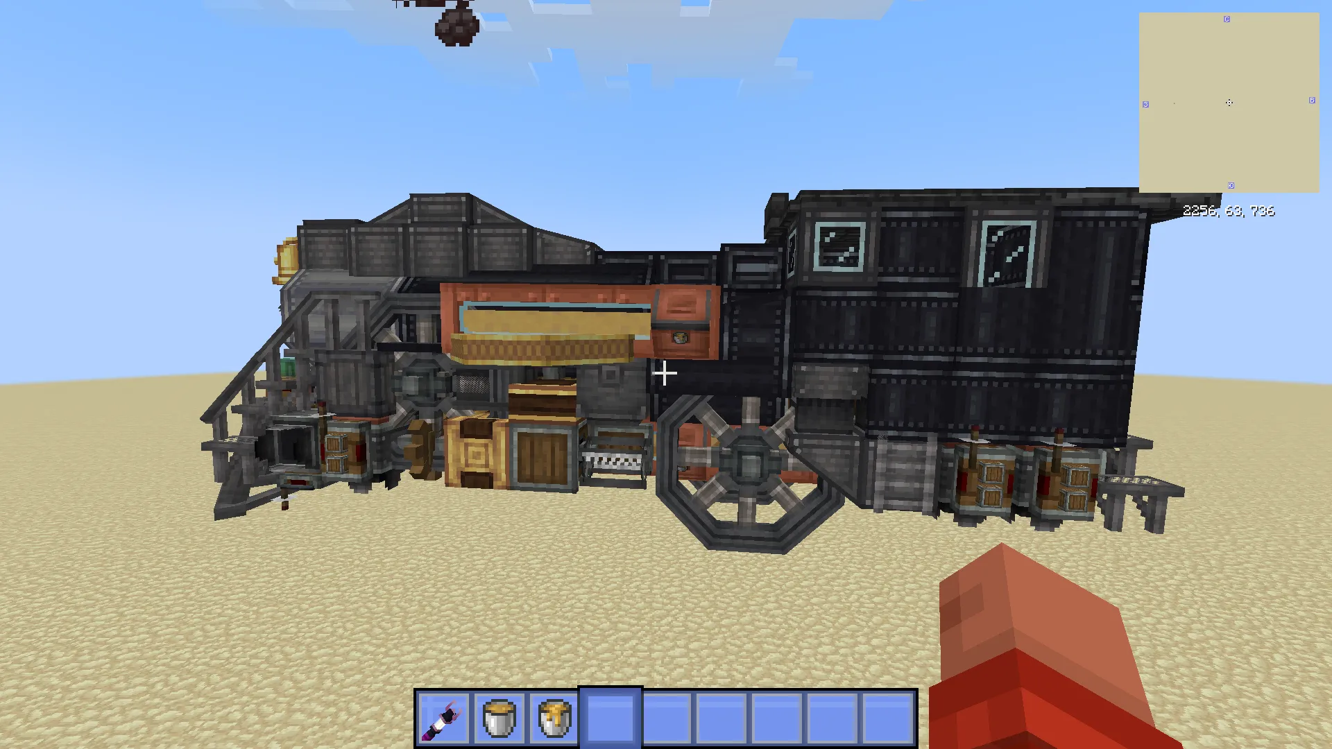 Hover Train Schematic Screenshots 2 Detailed side view of a black mechanical train in a desert world