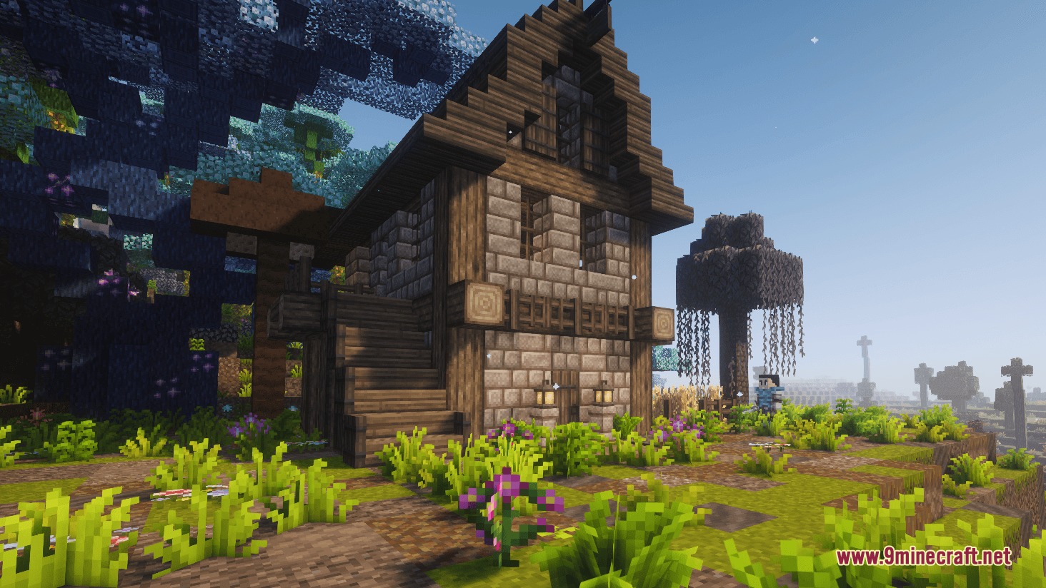 A small medieval wooden cabin built in a lush forest with shaders