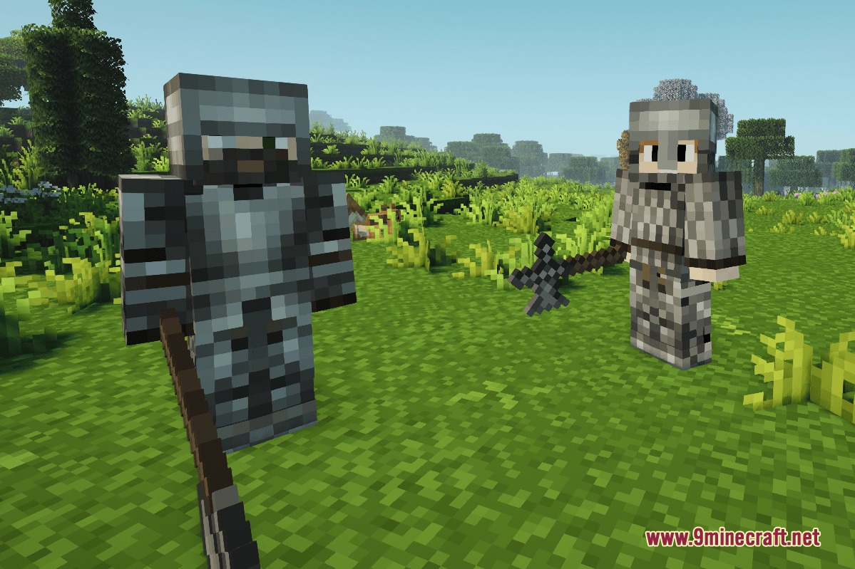 Two armored knights holding weapons in a green landscape