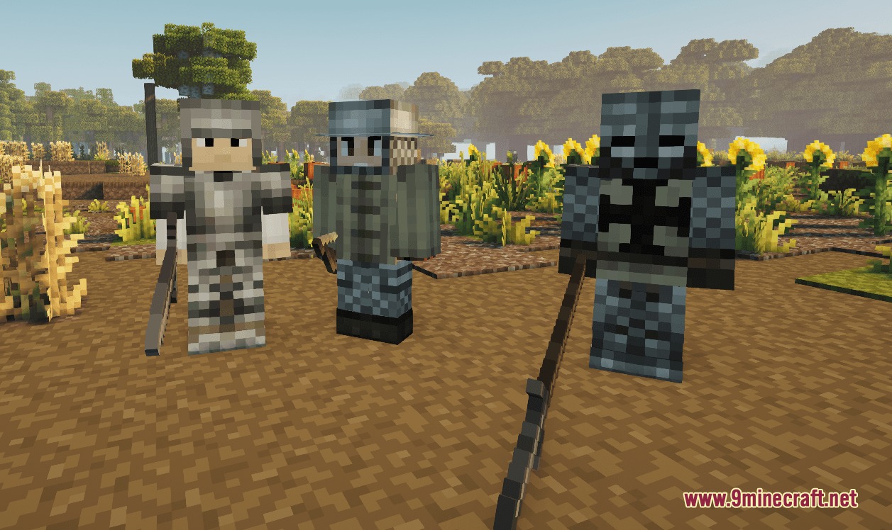 Three armored human survivors standing in a bright sunflower field