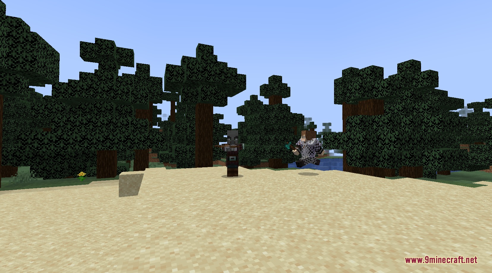 An armored human survivor chases a hostile enemy through the forest