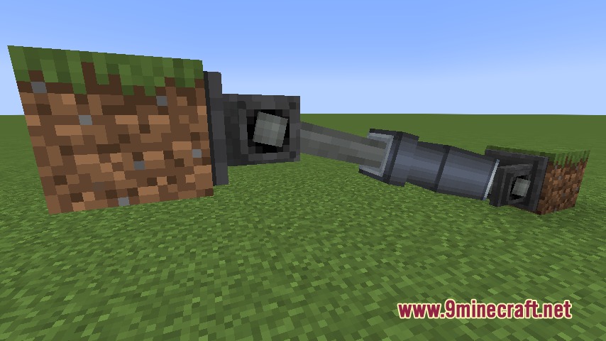 Hydraulic cylinder connecting two grass blocks at an angle in Minecraft
