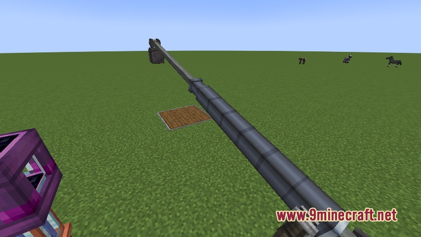 Long hydraulic cylinder extending across a flat green field in Minecraft