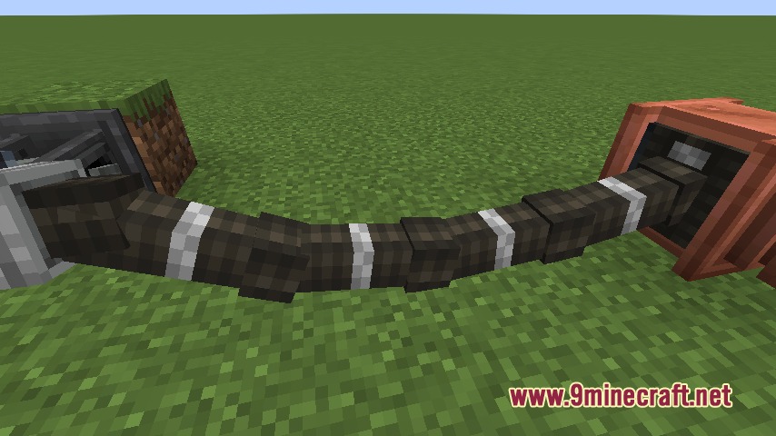 A flexible black rubber hose connecting two mechanical components in Minecraft