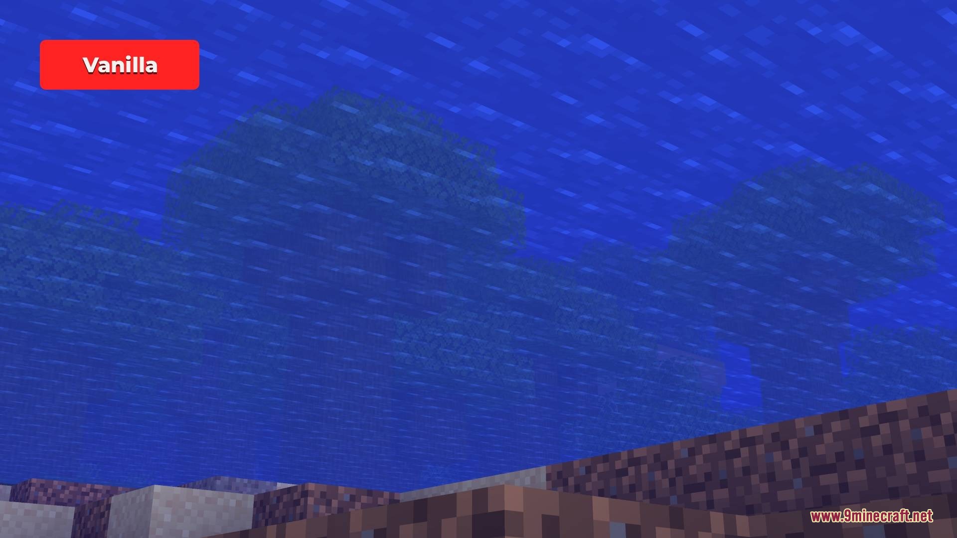 Hydron Clear Water Resource Pack Screenshot 1 Murky underwater view in vanilla Minecraft with thick blue fog obscuring trees