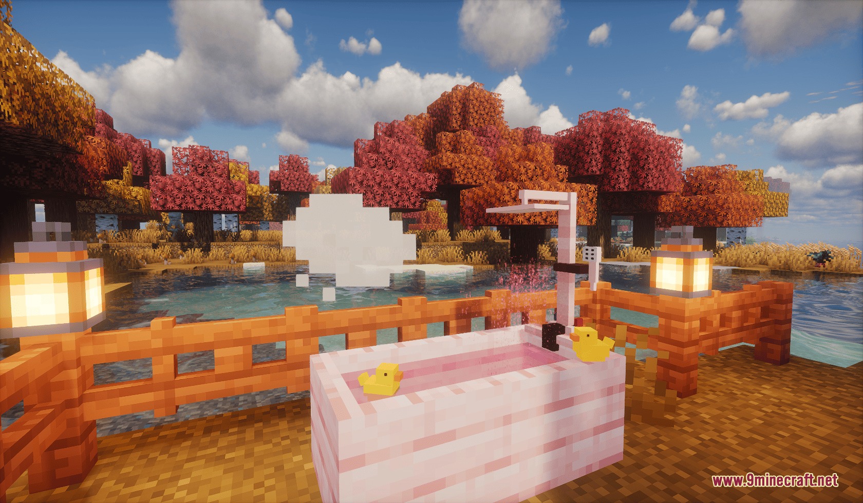 Hydrotherapy Luxuries Mod Screenshot 1 Pink bathtub with rubber ducks and shower head in autumn biome