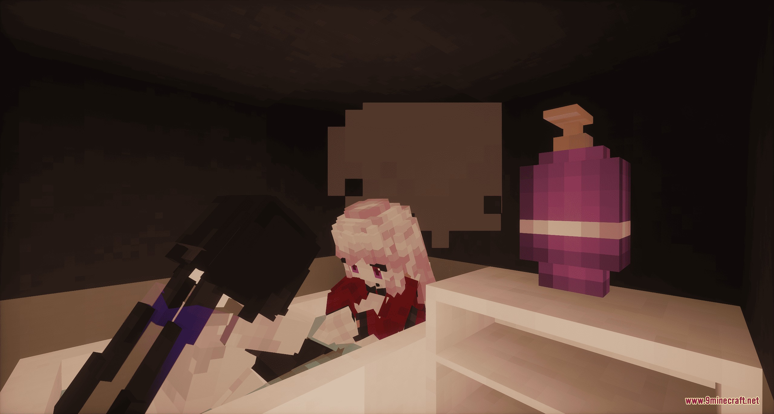 Hydrotherapy Luxuries Mod Screenshot 2 Two characters sitting in a bathtub next to a purple bottle