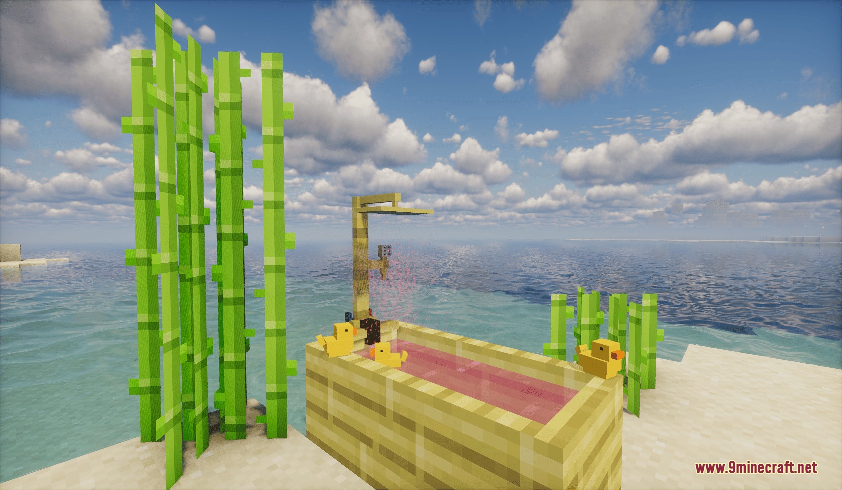 Hydrotherapy Luxuries Mod Screenshot 3 Bamboo bathtub with yellow rubber ducks and a shower head near the ocean