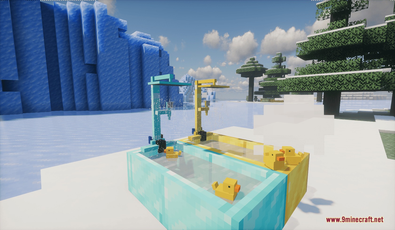 Hydrotherapy Luxuries Mod Screenshot 6 Custom bathtubs with shower heads and rubber ducks in snowy landscape