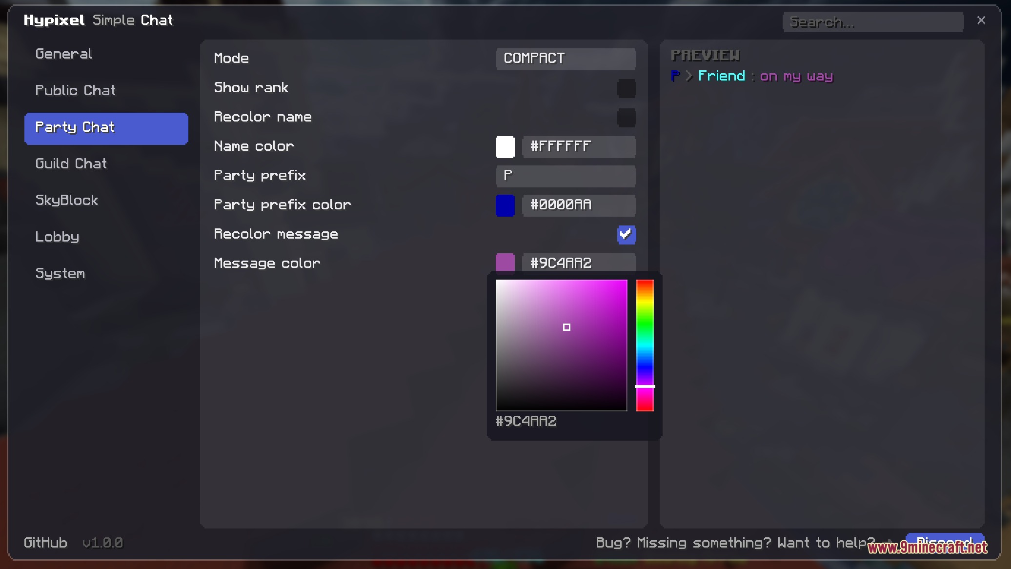 Hypixel Simple Chat Mod Screenshot 1 Hypixel Simple Chat settings menu showing party chat customization and a color picker