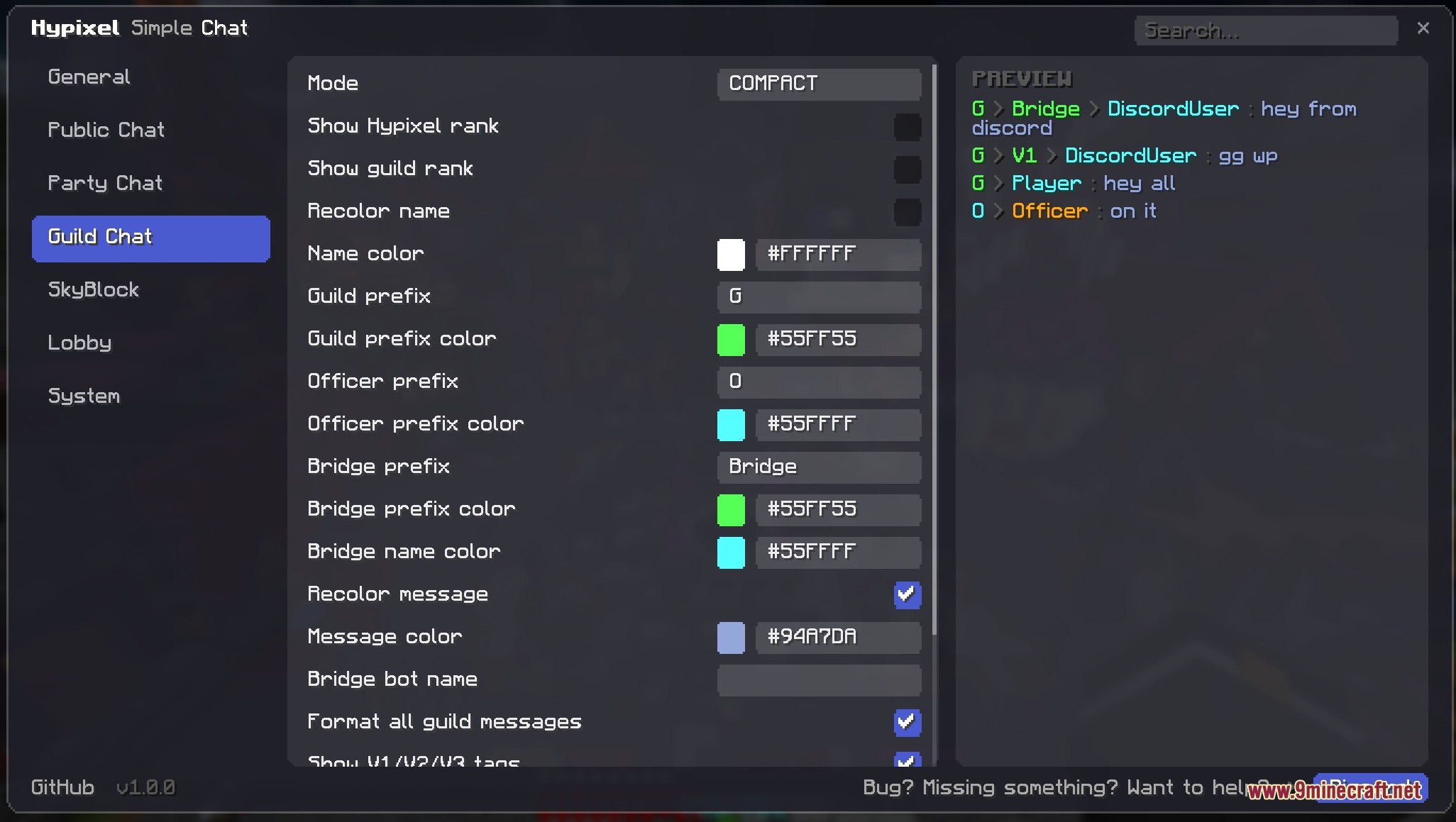 Hypixel Simple Chat Mod Screenshot 2 Guild chat settings menu with a live preview of message formats and colors