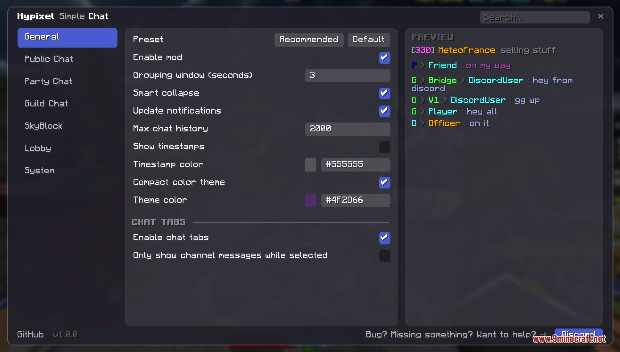 Hypixel Simple Chat Mod Screenshot 3 General settings menu for the Hypixel Simple Chat mod in Minecraft