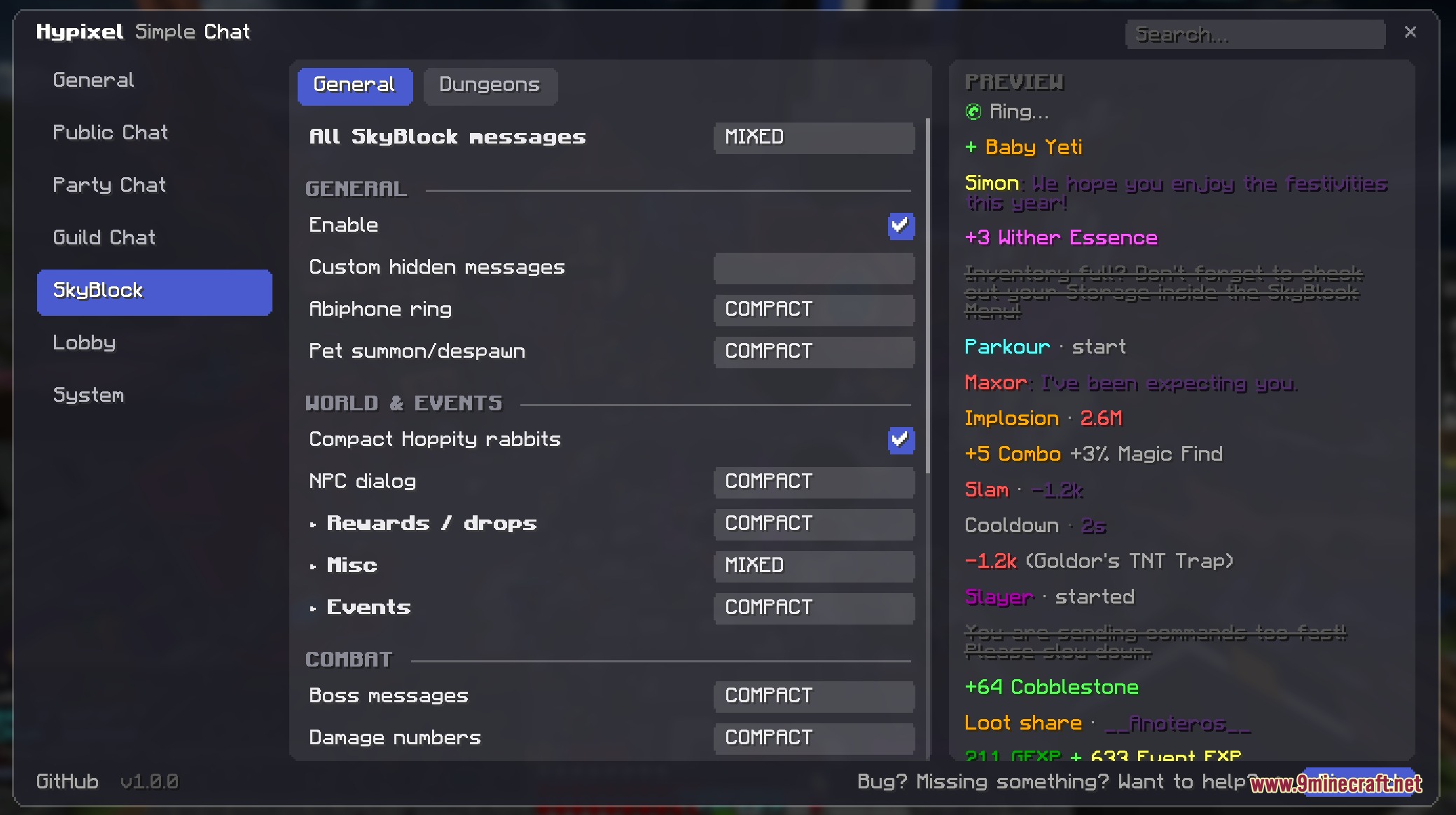 Hypixel Simple Chat Mod Screenshot 4 SkyBlock message customization options within a Minecraft chat mod settings menu