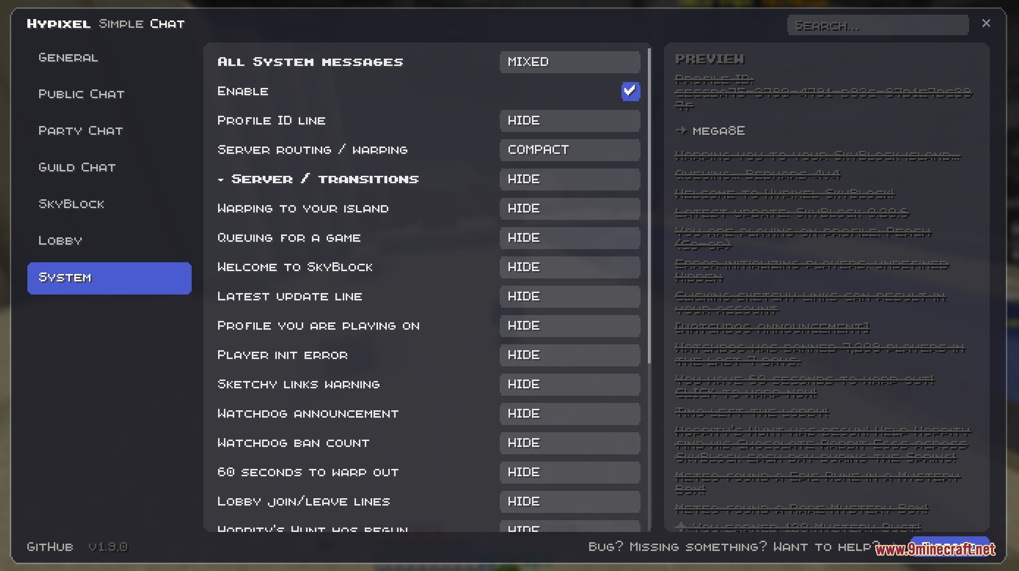 Hypixel Simple Chat Mod Screenshot 5 The settings menu for Hypixel Simple Chat mod showing system message options