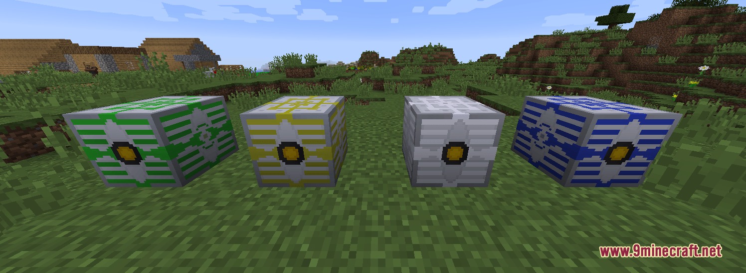 Four advanced energy storage blocks placed on the grass in a field