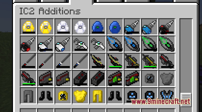Creative inventory tab showing advanced drills and armor from the IC2 Additions mod