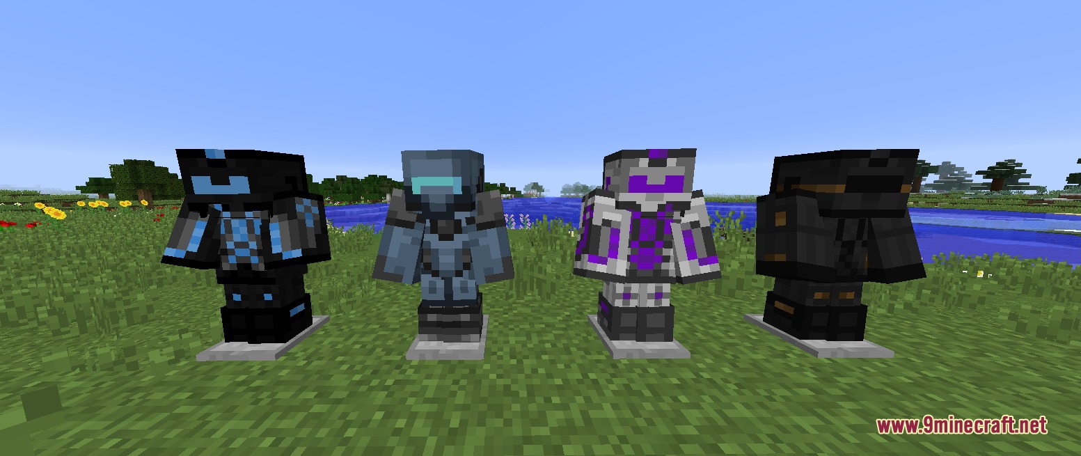 IC2 Additions by Schakaloff Mod Screenshot 4 Four sets of futuristic power armor displayed on stands in a grassy field