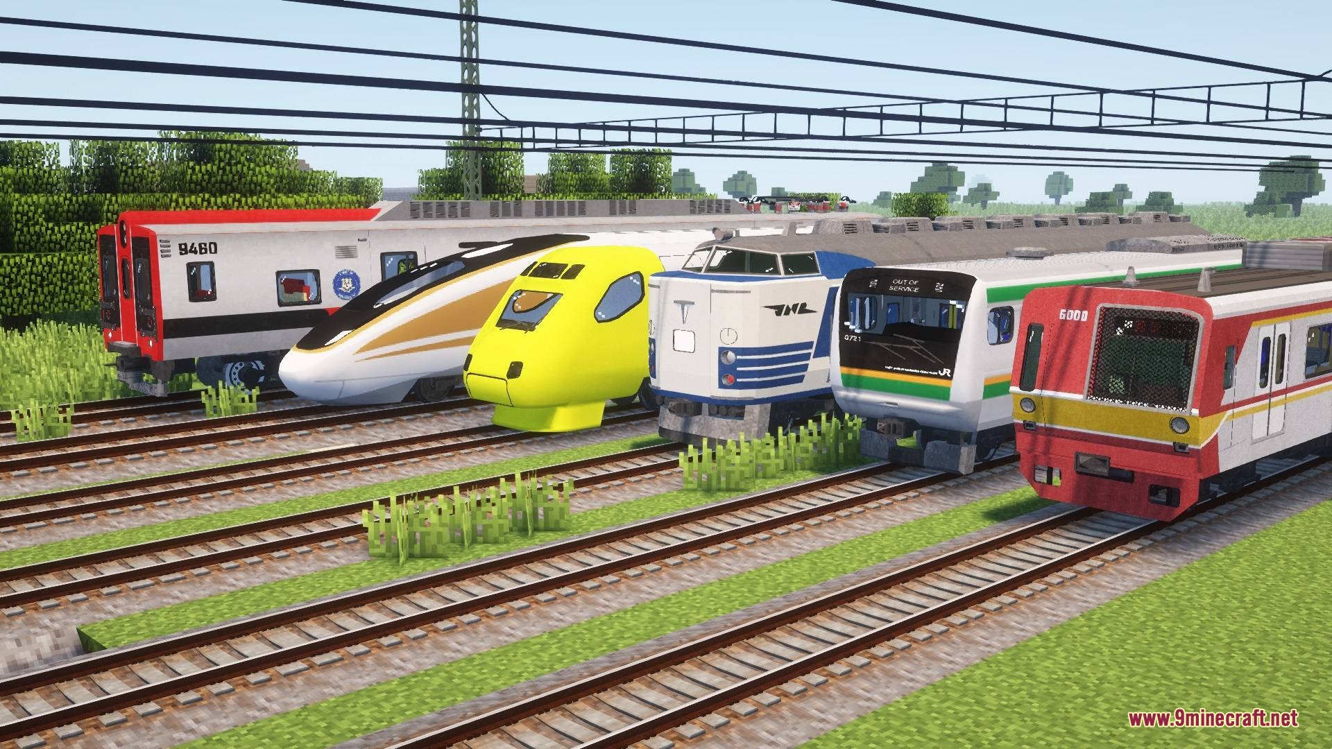 IR DE Ket's Global Train Pack for Immersive Railroading Resource Pack Screenshot 1 A variety of colorful international trains parked on parallel railway tracks