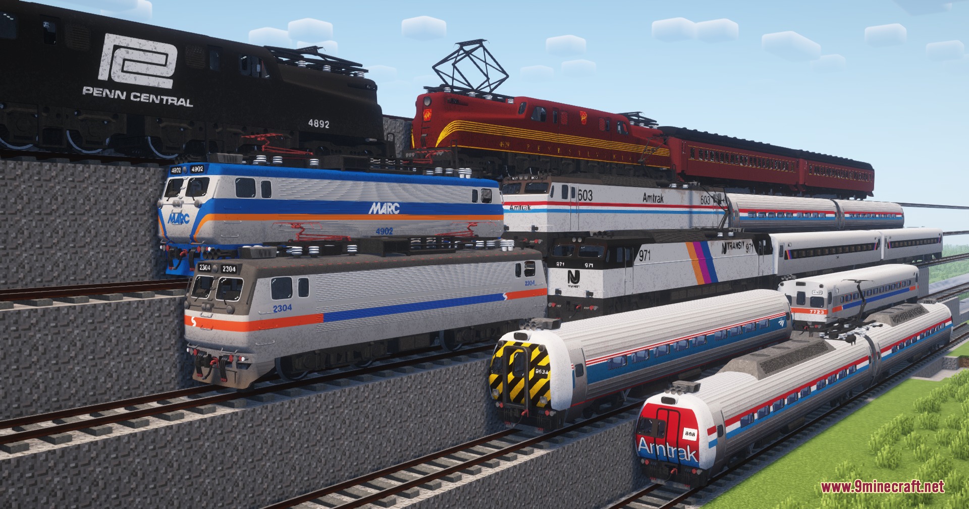 IR DE Ket's Global Train Pack for Immersive Railroading Resource Pack Screenshot 2 Several locomotives and passenger cars displayed on tiered tracks in Minecraft