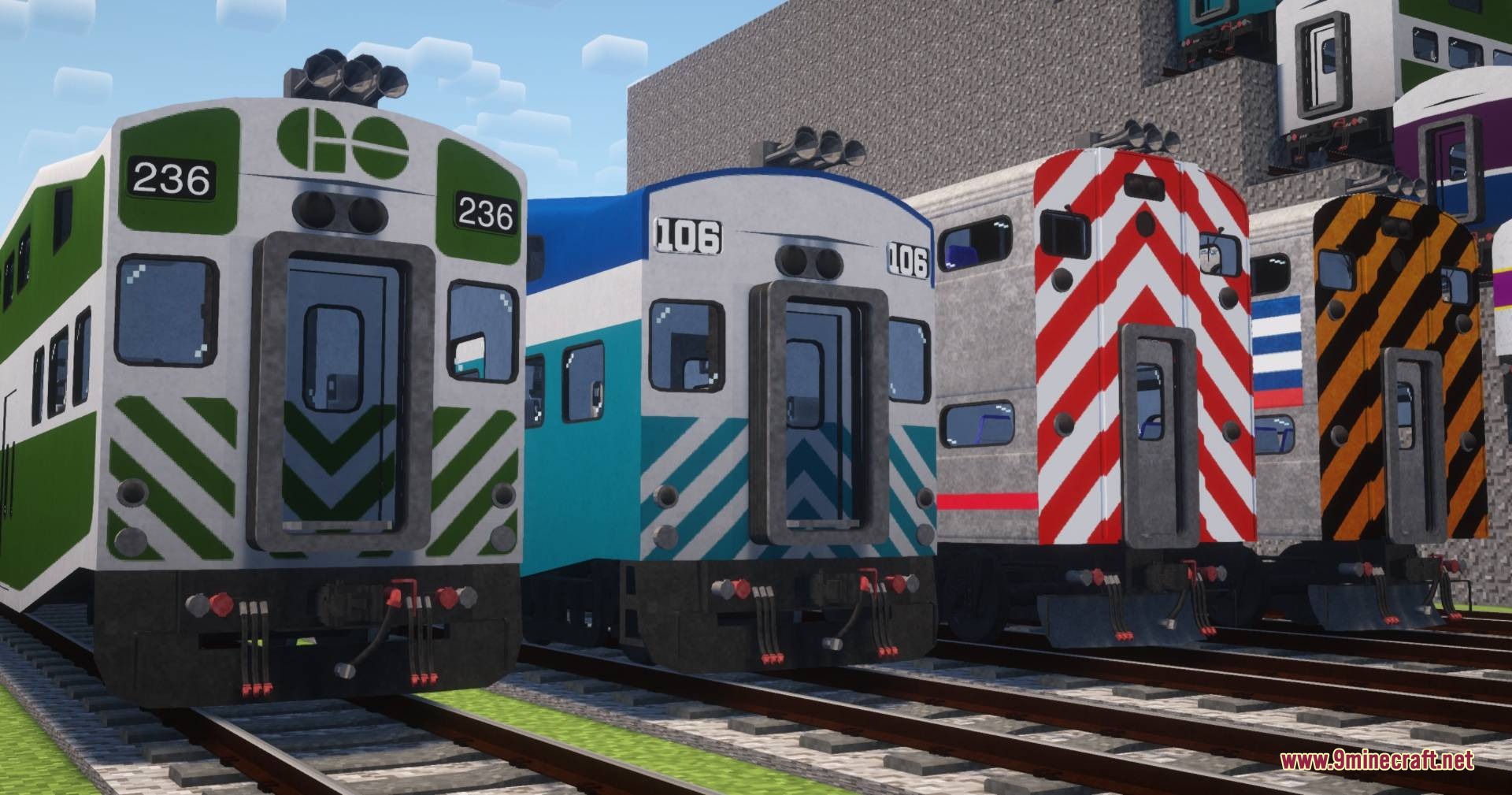 IR DE Ket's Global Train Pack for Immersive Railroading Resource Pack Screenshot 4 A row of various commuter train coaches displayed on Minecraft rail tracks