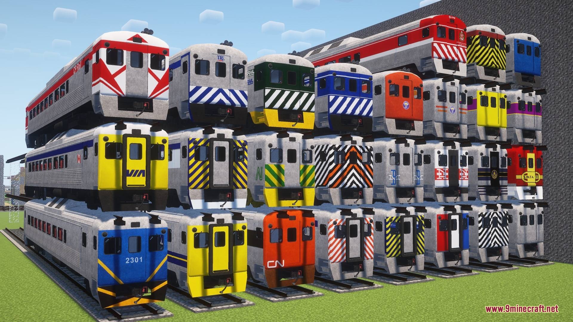 IR DE Ket's Global Train Pack for Immersive Railroading Resource Pack Screenshot 5 A stack of colorful passenger train cars from the Global Train Pack
