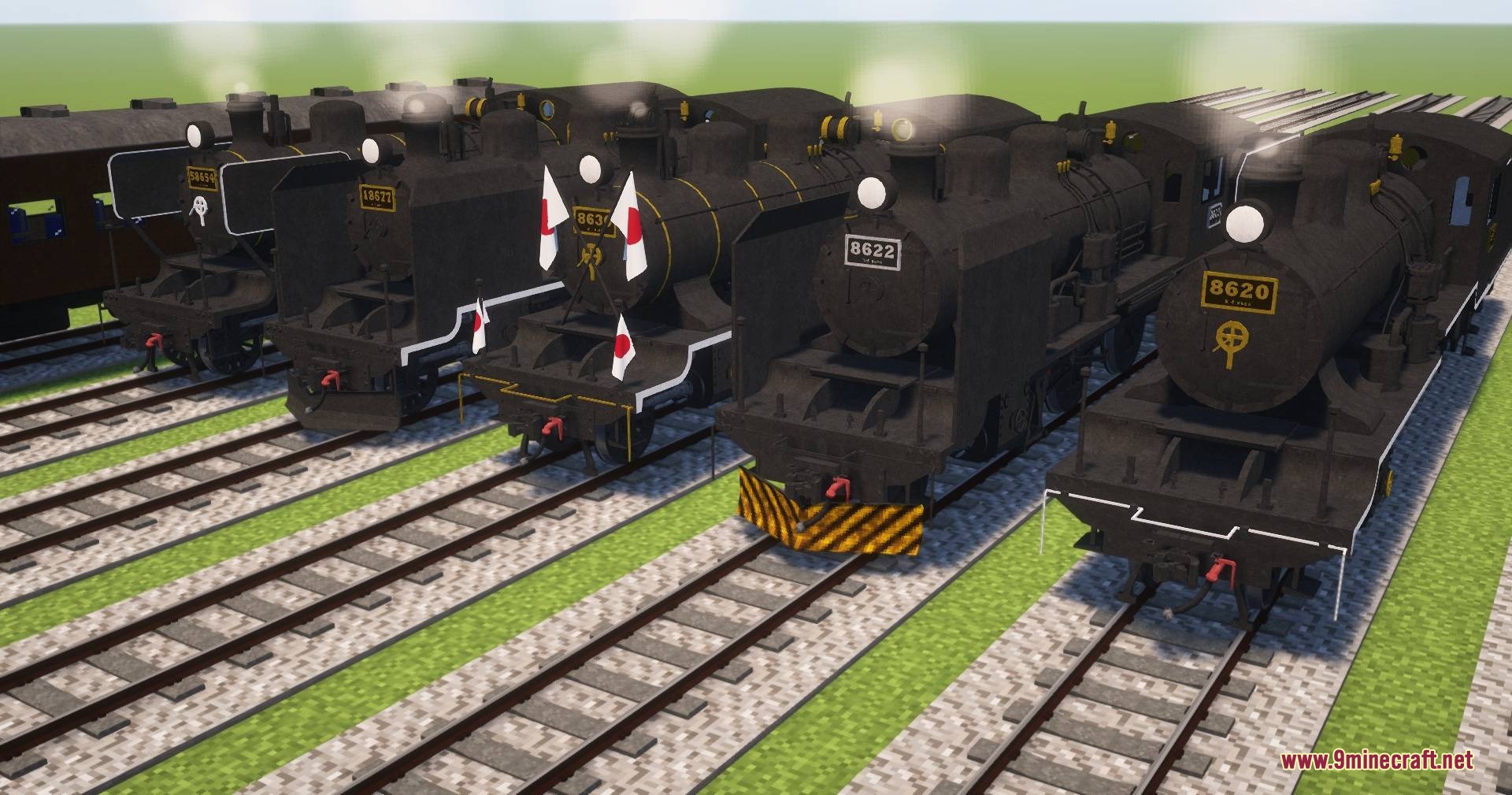 IR DE Ket's Global Train Pack for Immersive Railroading Resource Pack Screenshot 6 Detailed black steam locomotives lined up on tracks in a Minecraft world