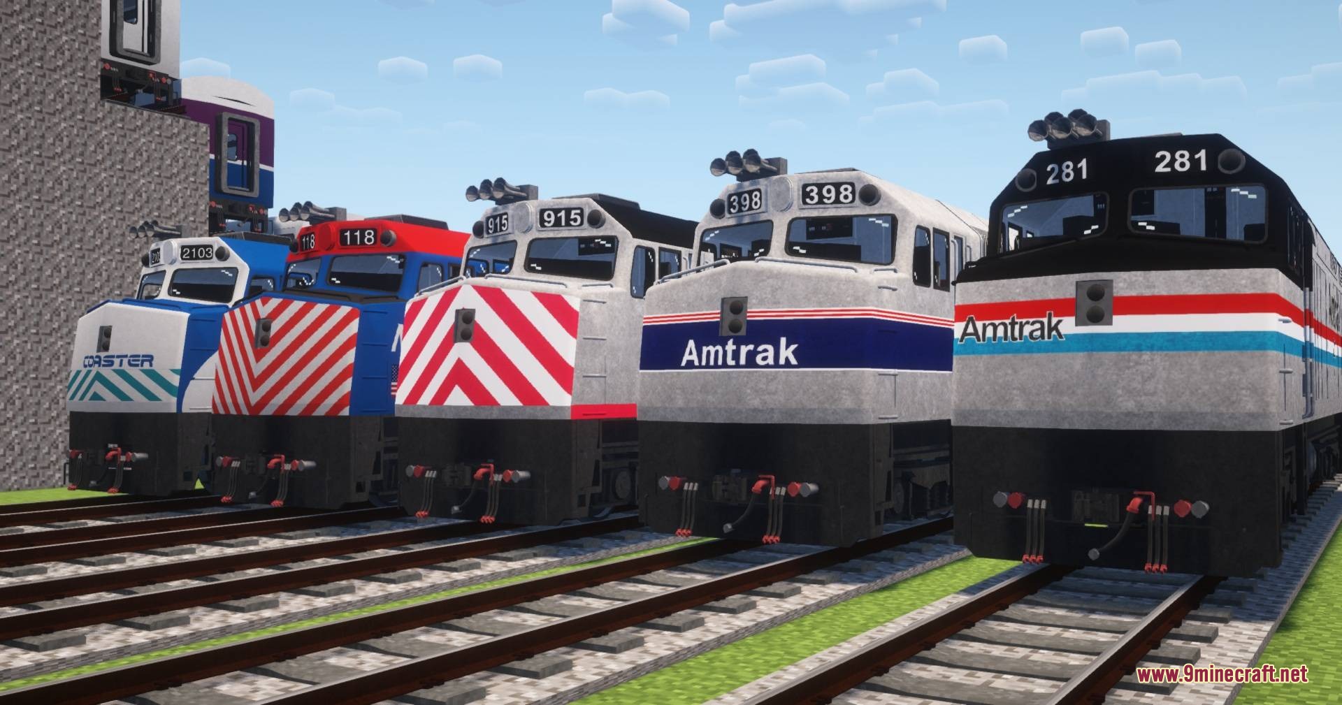 IR DE Ket's Global Train Pack for Immersive Railroading Resource Pack Screenshot 8 Five detailed diesel locomotives from different rail companies parked on parallel tracks