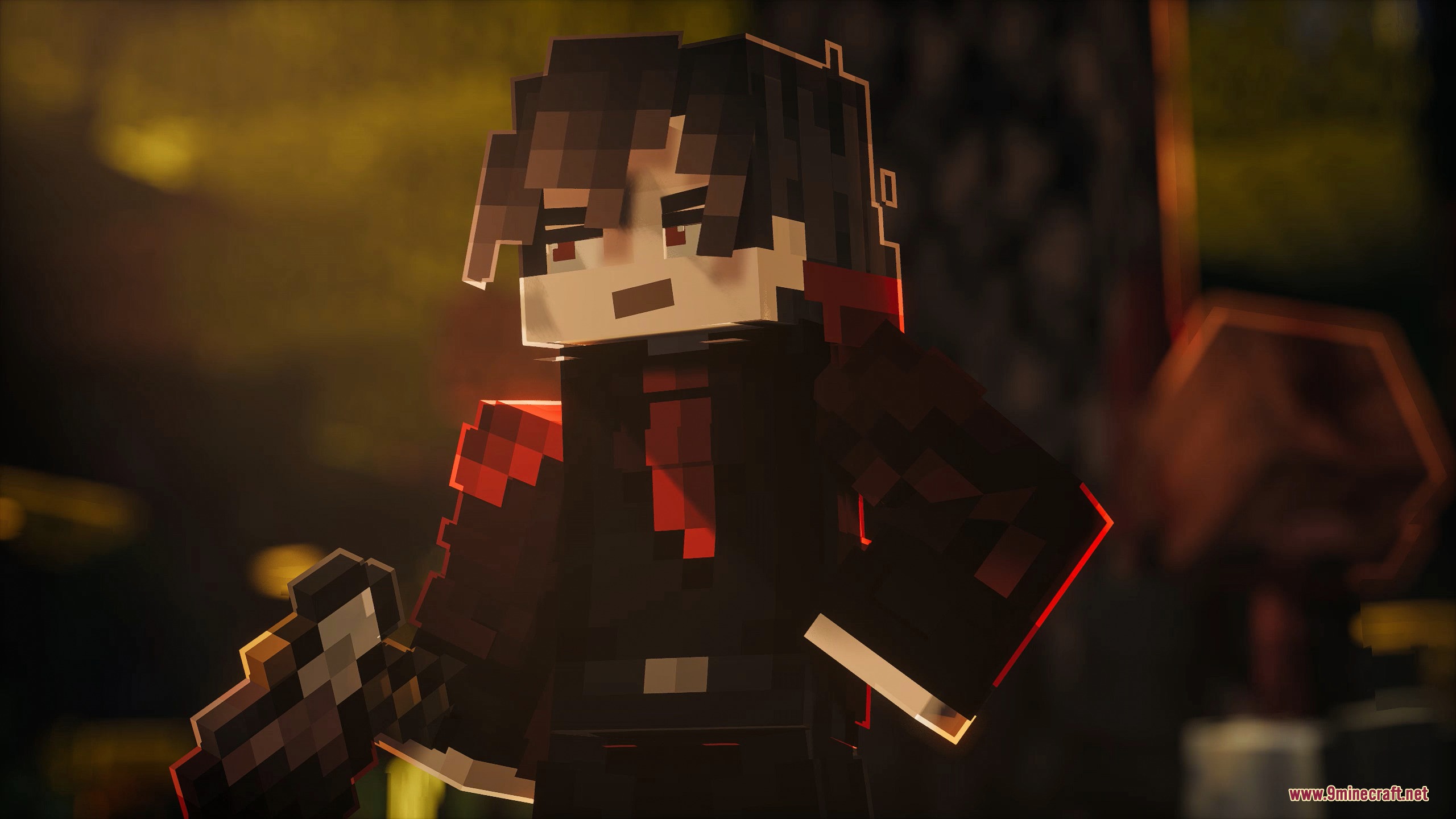 IR Lights Mod Screenshot 1 Cinematic Minecraft character with red eyes wearing a black suit and red tie