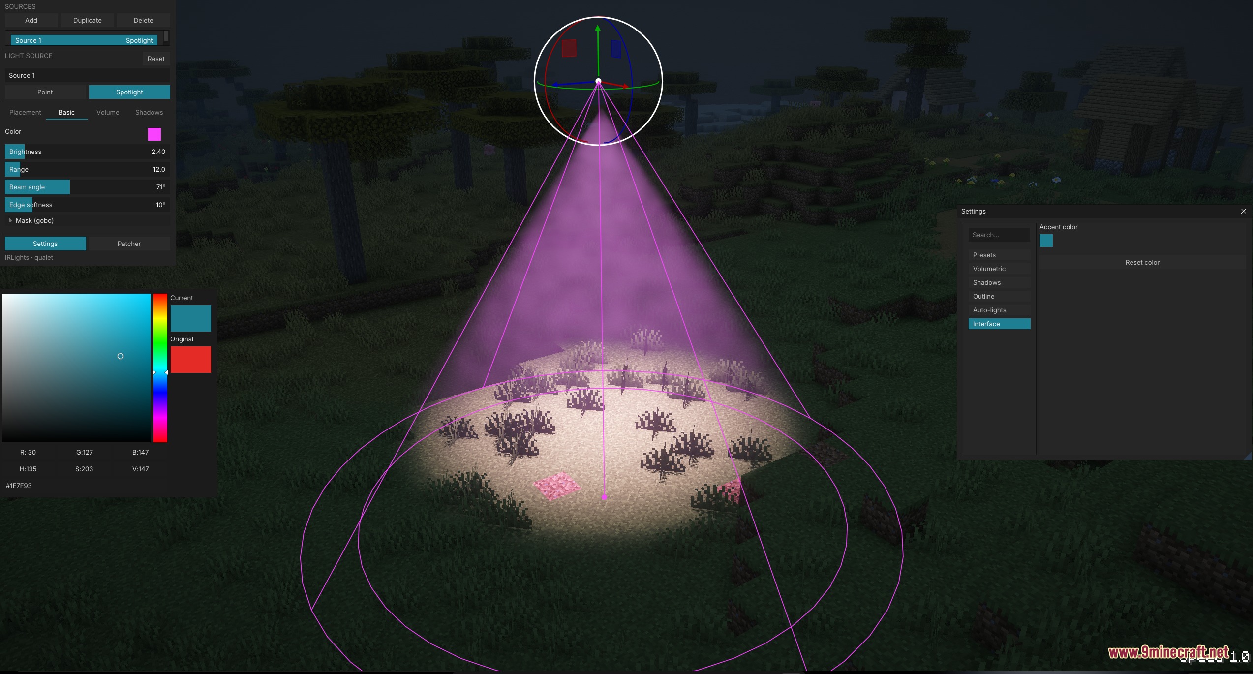 IR Lights Mod Screenshot 2 The in-game light editor interface adjusting a purple spotlight in a grassy field