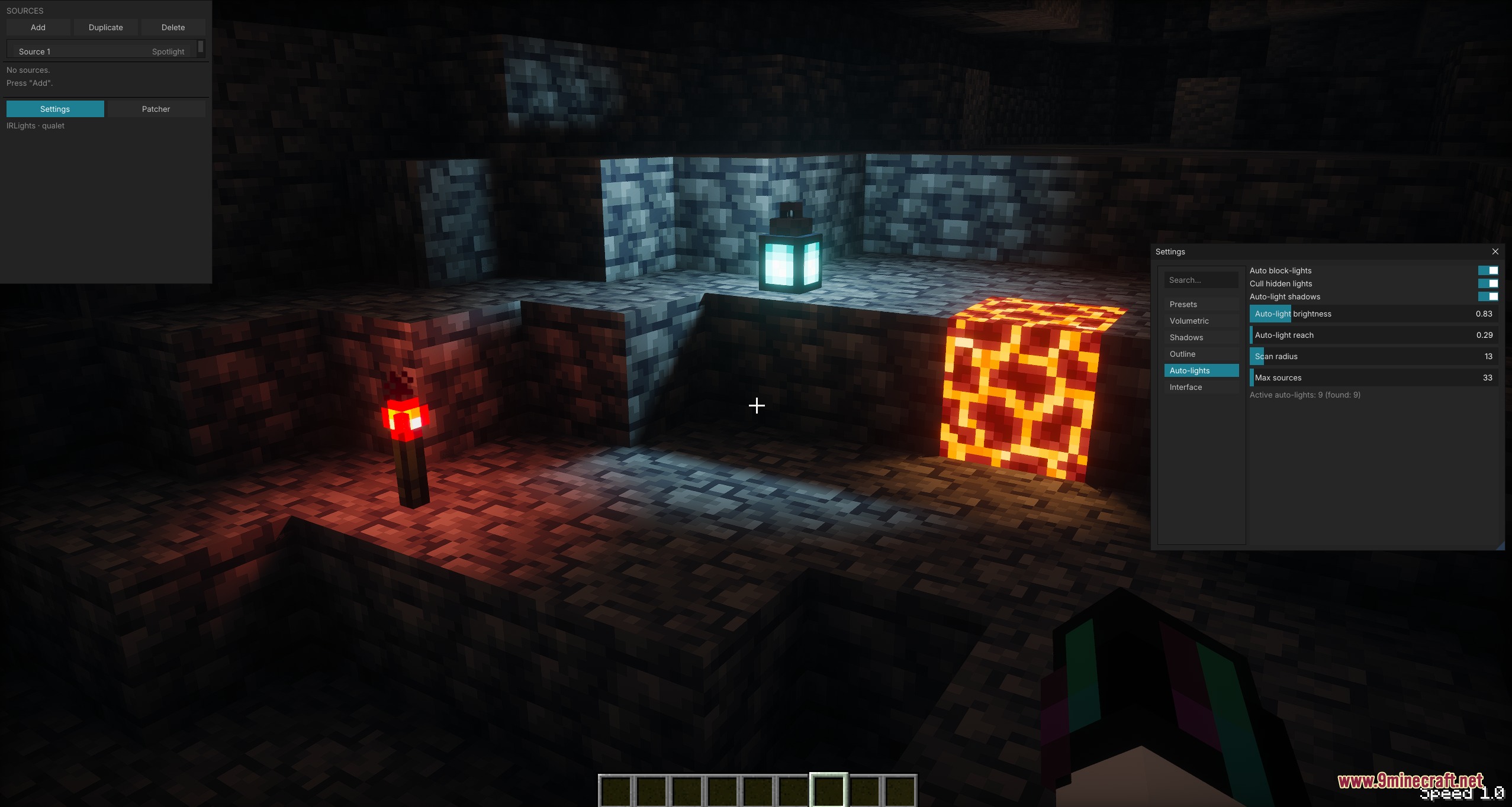 IR Lights Mod Screenshot 3 Adjusting dynamic lighting settings for various blocks in a dark Minecraft cave