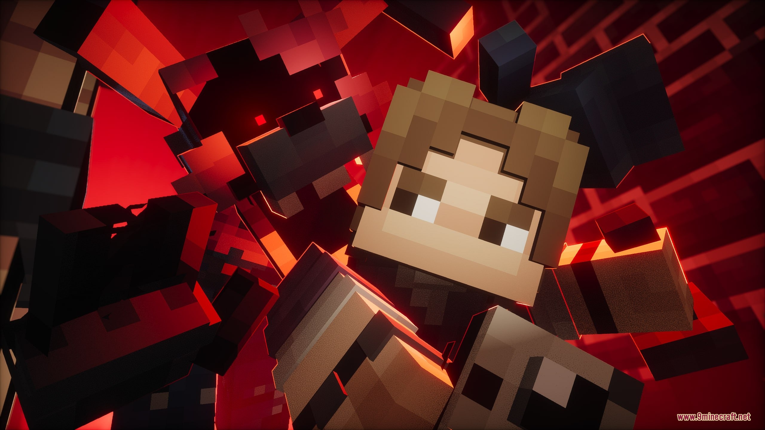 IR Lights Mod Screenshot 6 A red animatronic fox attacks a Minecraft character in a dark red room