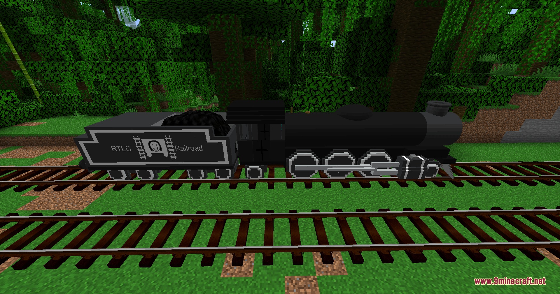 Side view of a black steam locomotive and tender in a jungle